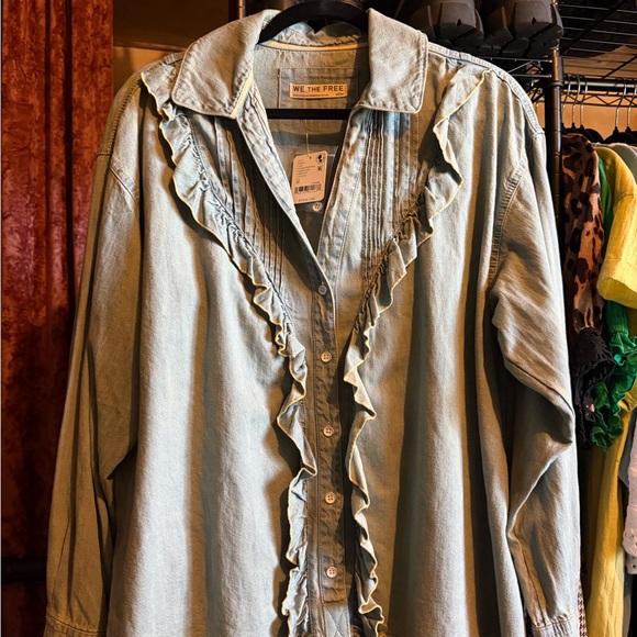 We The Free Tops - We The Free Light Blue Pleated Denim Top